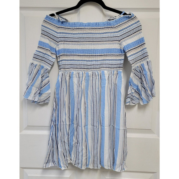 Truly Me Cold Shoulder Dress Bell Sleeve Blue Multi Stripes Girls Size 12 - Picture 1 of 7